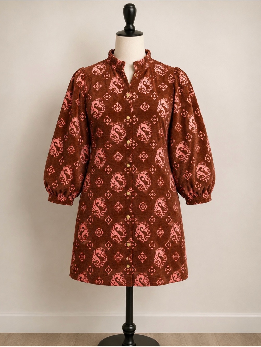 JODIFL Brown & Pink Button-Front Mini Dress with Puff Sleeves